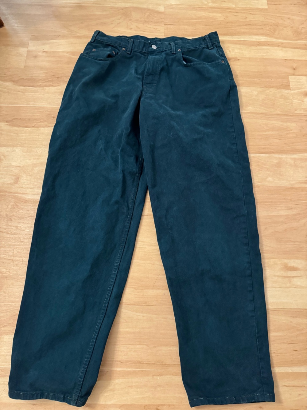 Vintage 90s Rare Dark Green 100% Cotton Baggy Fit High Rise Jeans Size 32